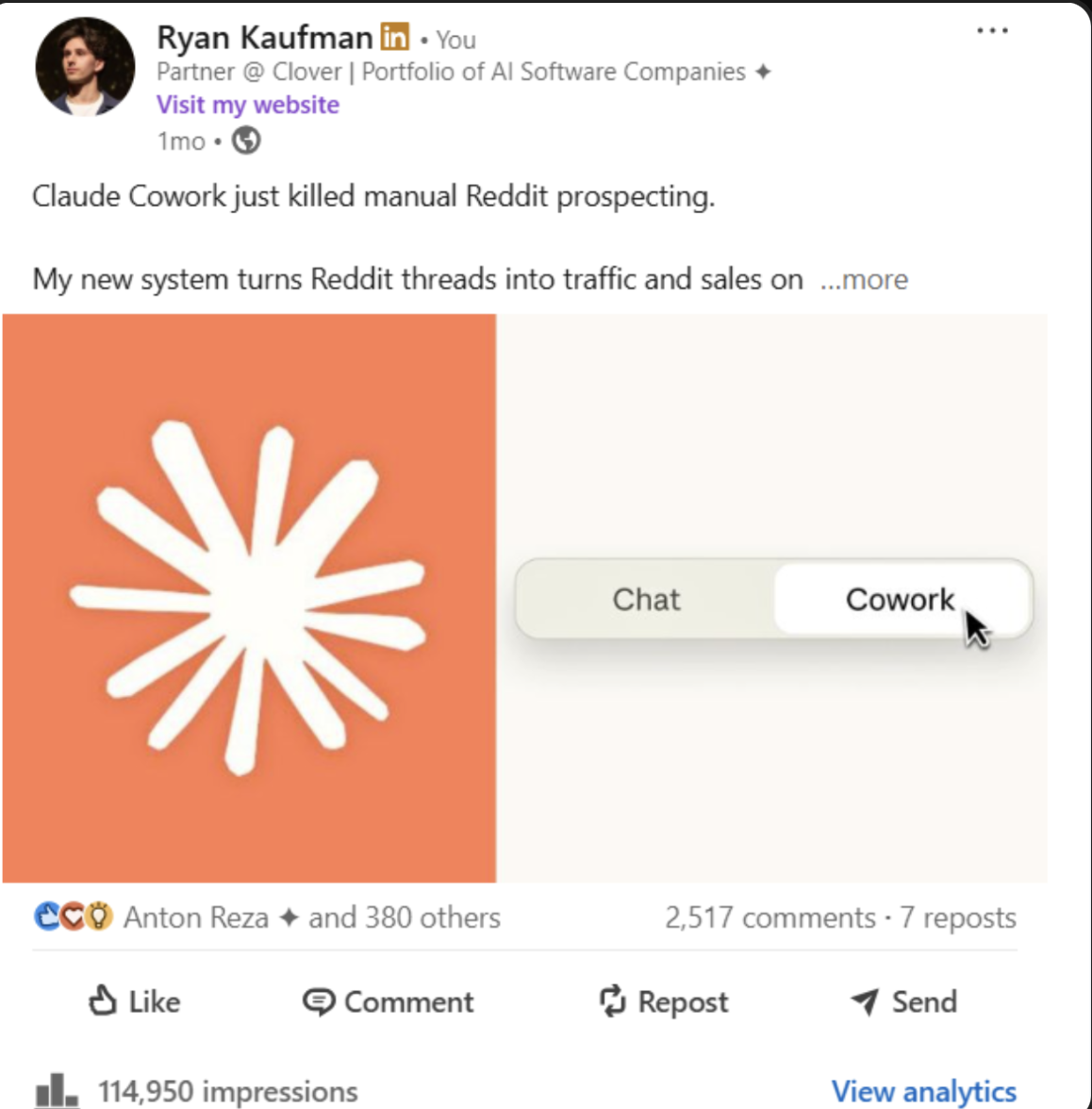 Client post with 2,517 comments and 114k impressions